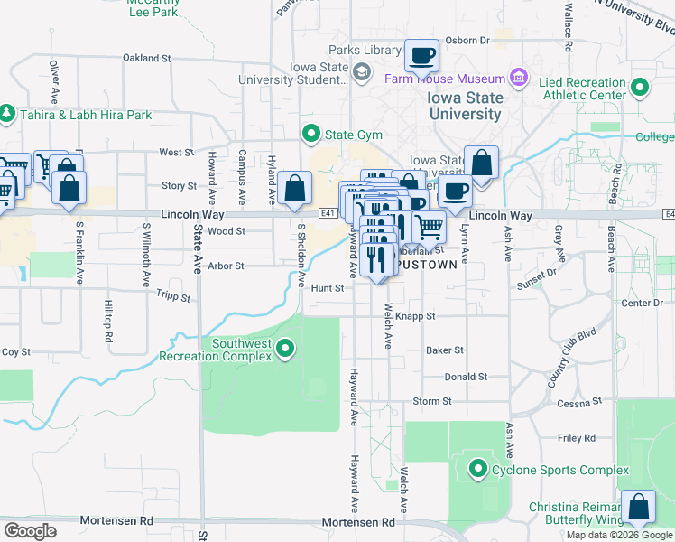 map of restaurants, bars, coffee shops, grocery stores, and more near 225 Hayward Avenue in Ames