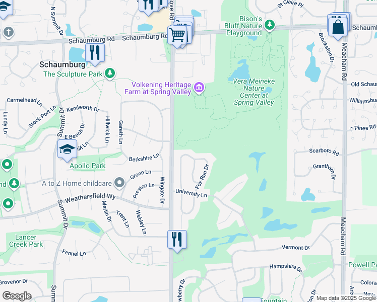 map of restaurants, bars, coffee shops, grocery stores, and more near 1860 Fox Run Drive in Elk Grove Village