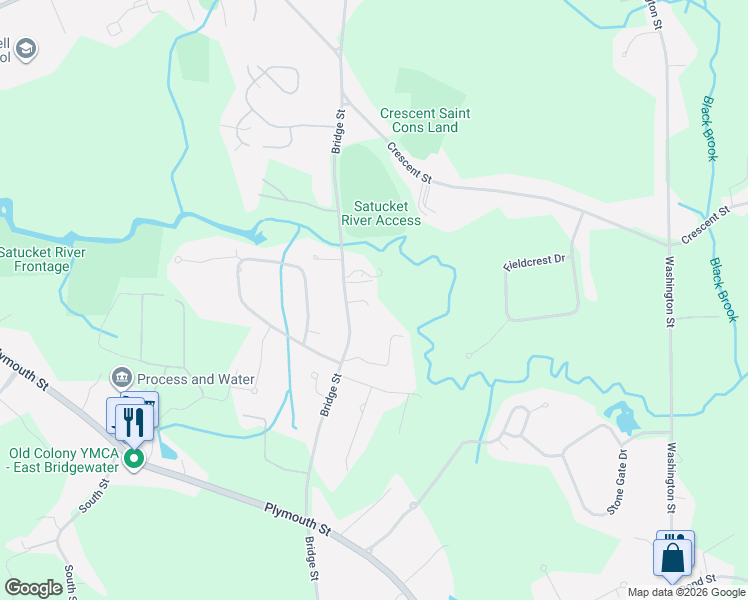 map of restaurants, bars, coffee shops, grocery stores, and more near 524 Bridge Street in East Bridgewater