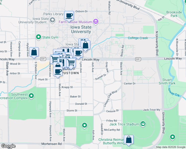 map of restaurants, bars, coffee shops, grocery stores, and more near 225 Ash Avenue in Ames
