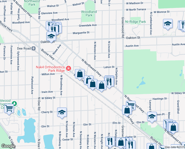 map of restaurants, bars, coffee shops, grocery stores, and more near 766 North Northwest Highway in Park Ridge