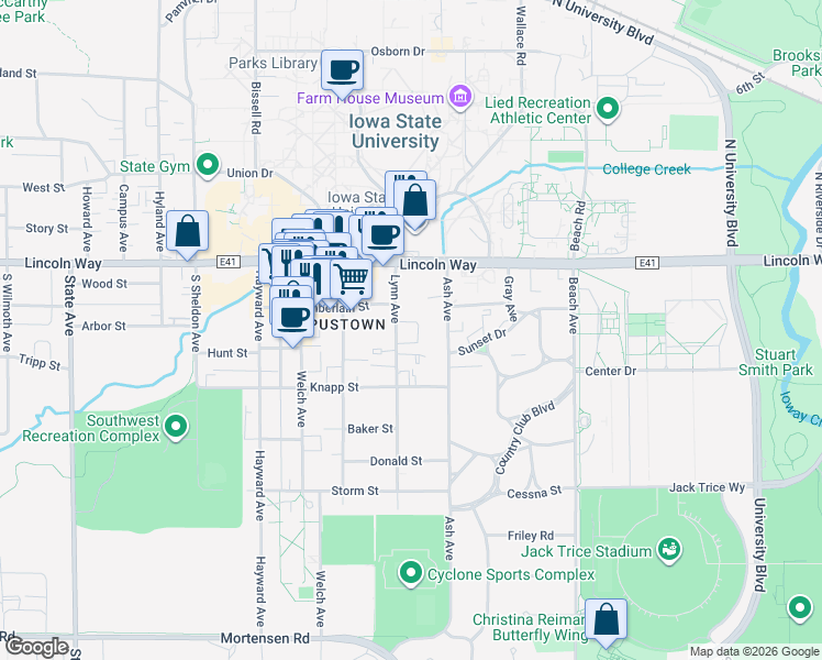 map of restaurants, bars, coffee shops, grocery stores, and more near 200 Lynn Avenue in Ames
