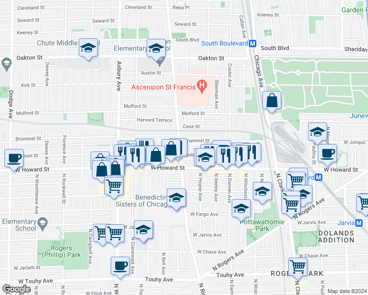 map of restaurants, bars, coffee shops, grocery stores, and more near 824 Brummel Street in Evanston