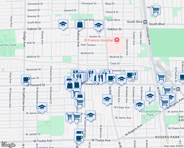 map of restaurants, bars, coffee shops, grocery stores, and more near 1029 Dobson Street in Evanston