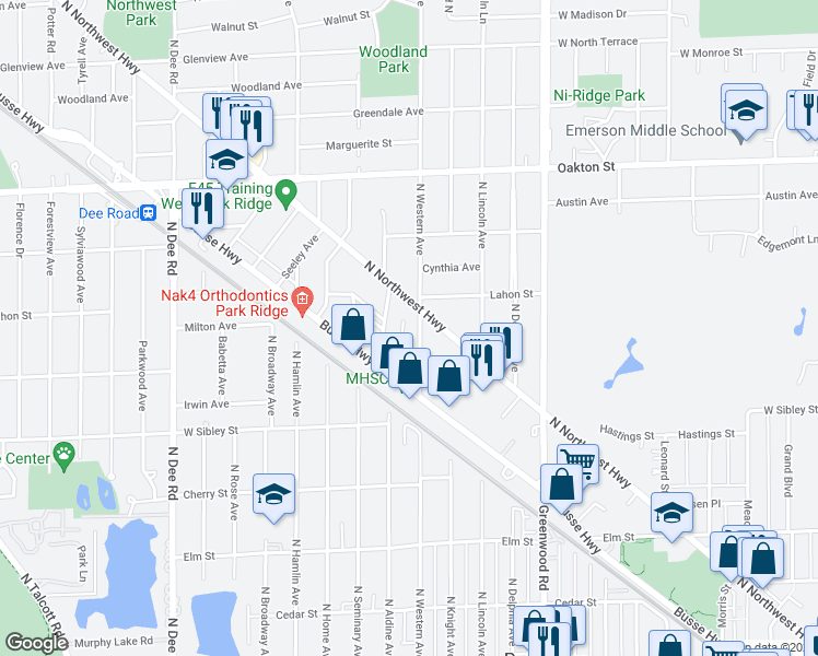 map of restaurants, bars, coffee shops, grocery stores, and more near 766 North Northwest Highway in Park Ridge