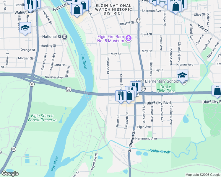 map of restaurants, bars, coffee shops, grocery stores, and more near 721 Raymond Street in Elgin