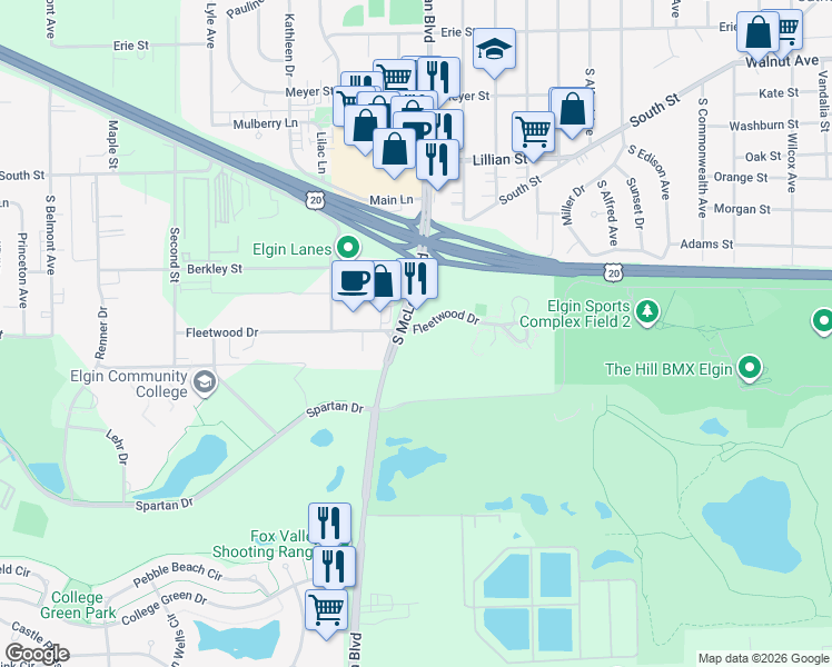 map of restaurants, bars, coffee shops, grocery stores, and more near 465 South McLean Boulevard in Elgin