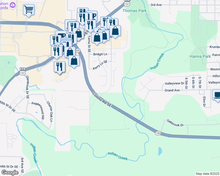 map of restaurants, bars, coffee shops, grocery stores, and more near 4200 Armar Drive Southeast in Cedar Rapids