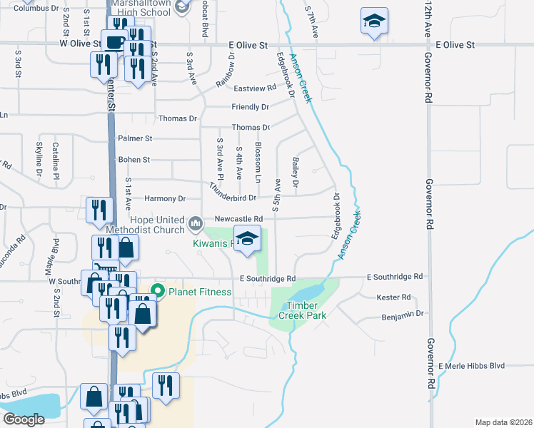 map of restaurants, bars, coffee shops, grocery stores, and more near 502 Newcastle Road in Marshalltown