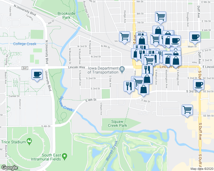 map of restaurants, bars, coffee shops, grocery stores, and more near 221 South Oak Avenue in Ames