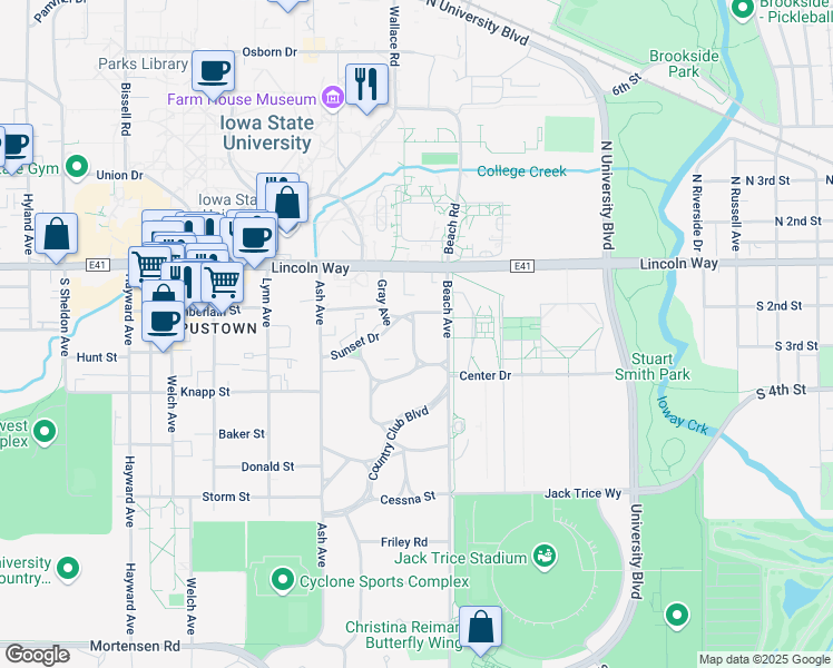 map of restaurants, bars, coffee shops, grocery stores, and more near 205 Beach Avenue in Ames