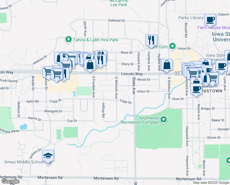 map of restaurants, bars, coffee shops, grocery stores, and more near 3232 Lettie Street in Ames