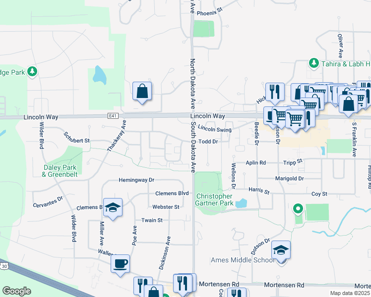 map of restaurants, bars, coffee shops, grocery stores, and more near 4510 Todd Drive in Ames