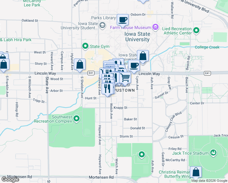 map of restaurants, bars, coffee shops, grocery stores, and more near 126 Welch Avenue in Ames