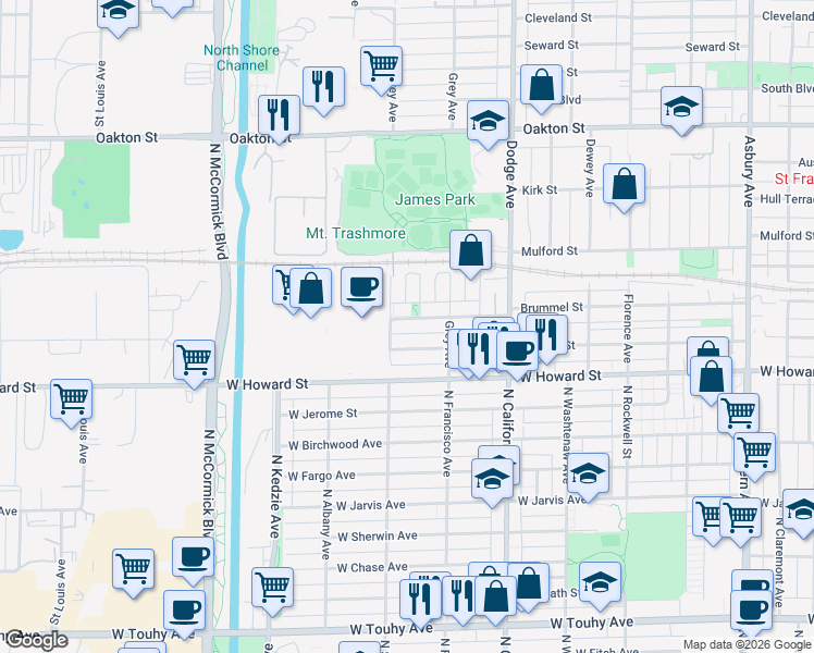 map of restaurants, bars, coffee shops, grocery stores, and more near 2132 Brummel Street in Evanston