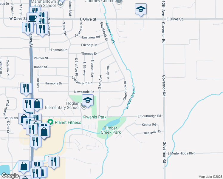 map of restaurants, bars, coffee shops, grocery stores, and more near 512 Newcastle Road in Marshalltown