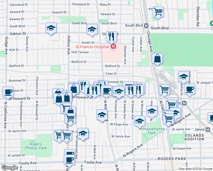 map of restaurants, bars, coffee shops, grocery stores, and more near 824 Brummel Street in Evanston