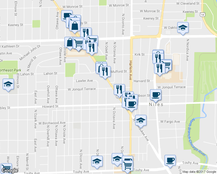 map of restaurants, bars, coffee shops, grocery stores, and more near 7700 North Milwaukee Avenue in Niles