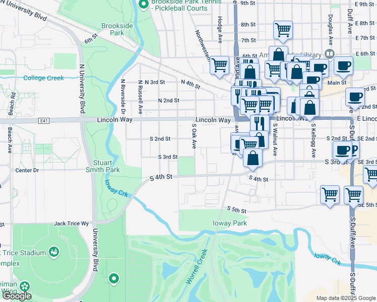 map of restaurants, bars, coffee shops, grocery stores, and more near 221 South Oak Avenue in Ames