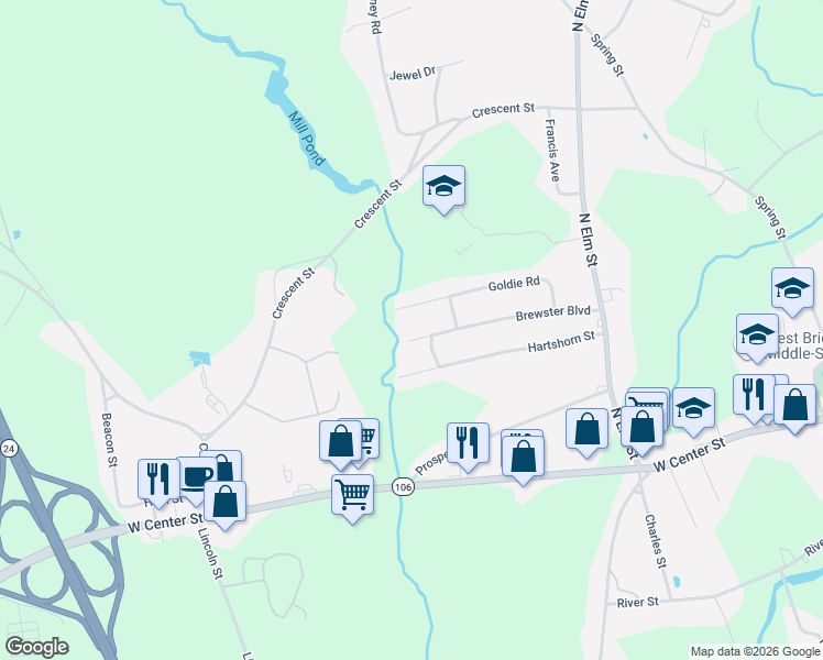 map of restaurants, bars, coffee shops, grocery stores, and more near 53 Brewster Boulevard in West Bridgewater