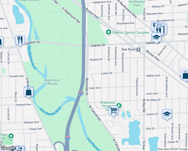 map of restaurants, bars, coffee shops, grocery stores, and more near 747 Wesley Drive in Park Ridge