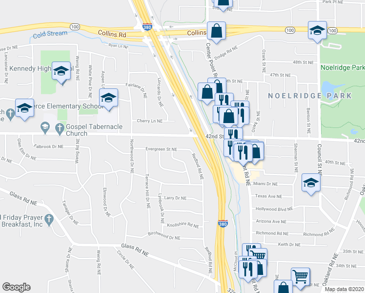 map of restaurants, bars, coffee shops, grocery stores, and more near 2102 Evergreen Street Northeast in Cedar Rapids