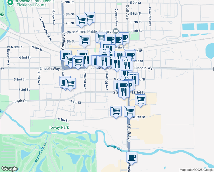 map of restaurants, bars, coffee shops, grocery stores, and more near 216 South Kellogg Avenue in Ames