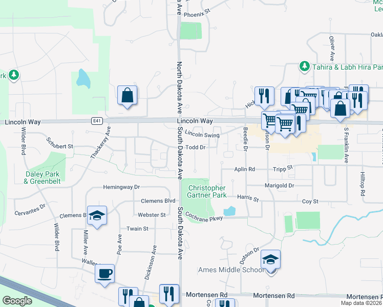 map of restaurants, bars, coffee shops, grocery stores, and more near 207 Todd Circle in Ames