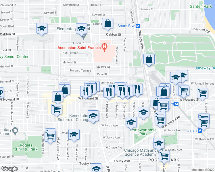 map of restaurants, bars, coffee shops, grocery stores, and more near 142 Elmwood Avenue in Evanston