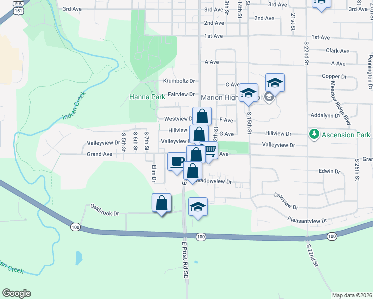 map of restaurants, bars, coffee shops, grocery stores, and more near 990 Grand Avenue in Marion