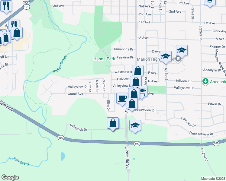 map of restaurants, bars, coffee shops, grocery stores, and more near 960 South 8th Street in Marion