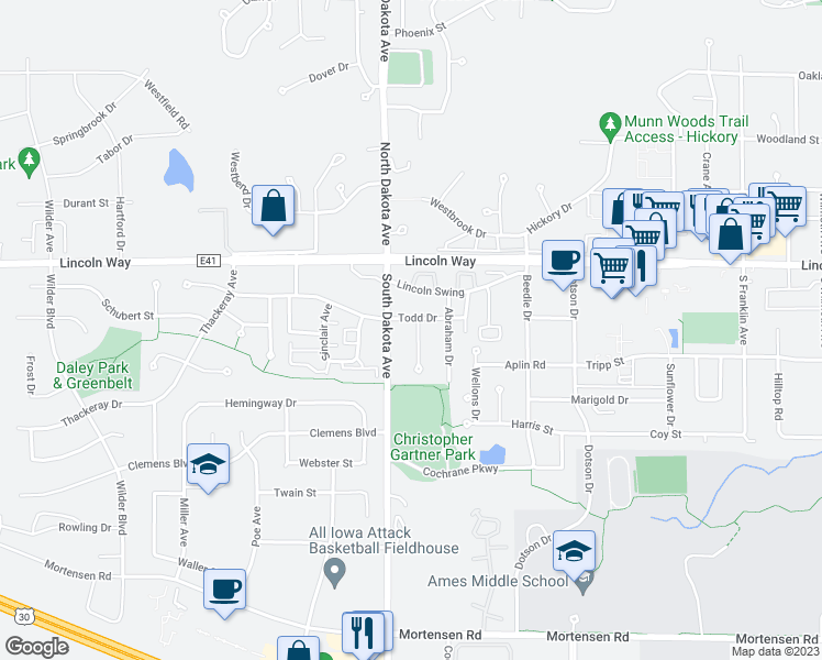 map of restaurants, bars, coffee shops, grocery stores, and more near 207 Todd Circle in Ames