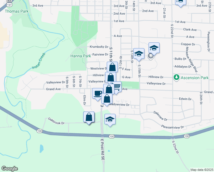 map of restaurants, bars, coffee shops, grocery stores, and more near 1050 Grand Avenue in Marion