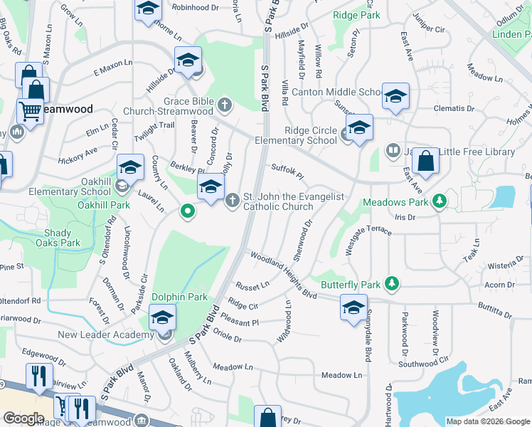 map of restaurants, bars, coffee shops, grocery stores, and more near 501 Rambler Lane in Streamwood