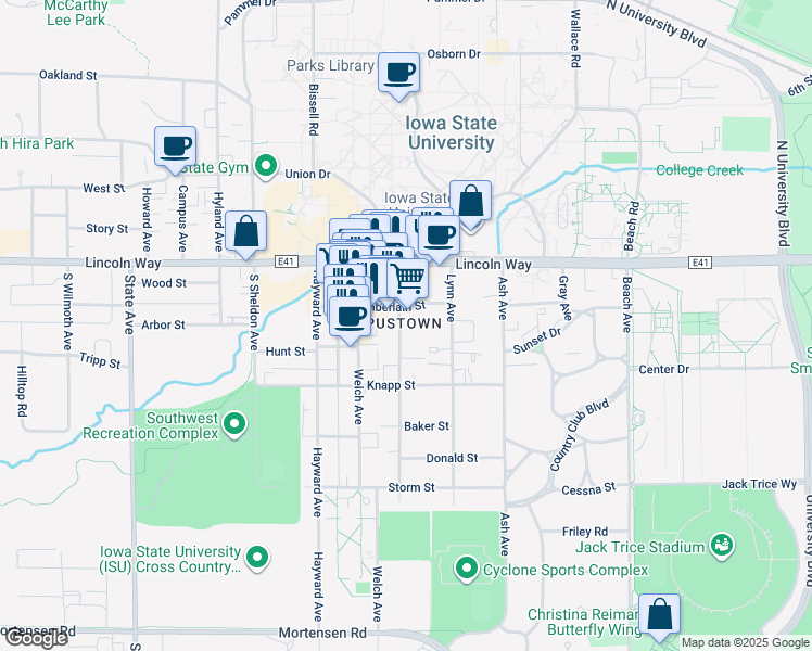 map of restaurants, bars, coffee shops, grocery stores, and more near 216 Stanton Avenue in Ames