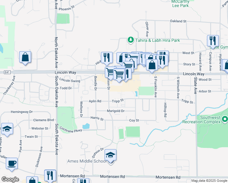 map of restaurants, bars, coffee shops, grocery stores, and more near 3917 Tripp Street in Ames