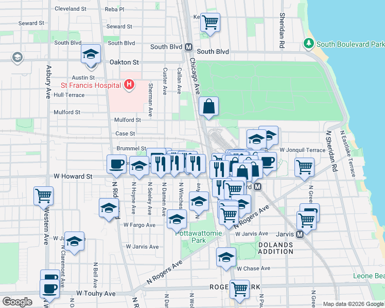 map of restaurants, bars, coffee shops, grocery stores, and more near 142 Clyde Avenue in Evanston