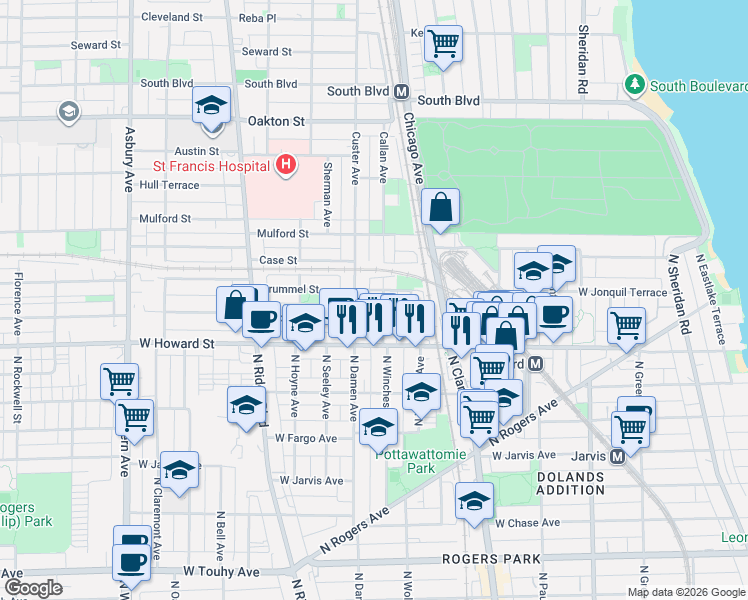 map of restaurants, bars, coffee shops, grocery stores, and more near 148 Callan Avenue in Evanston