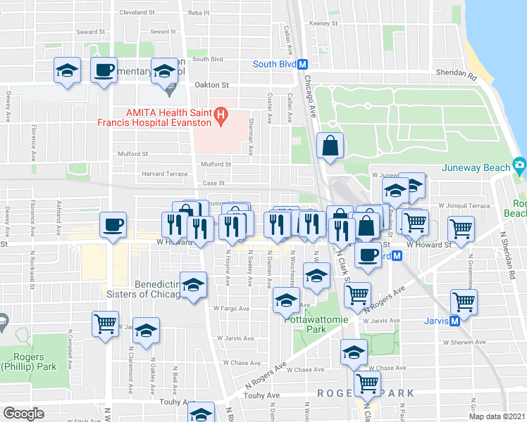 map of restaurants, bars, coffee shops, grocery stores, and more near in Evanston