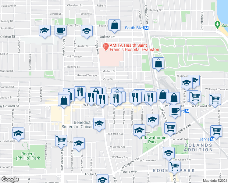 map of restaurants, bars, coffee shops, grocery stores, and more near in Evanston