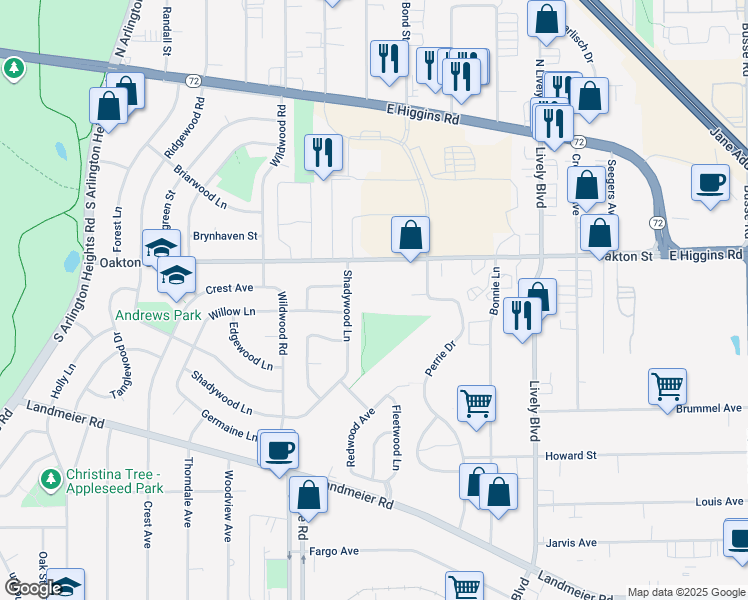 map of restaurants, bars, coffee shops, grocery stores, and more near 121 Shadywood Lane in Elk Grove Village