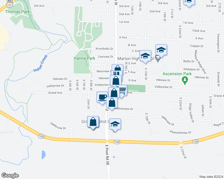 map of restaurants, bars, coffee shops, grocery stores, and more near 990 Grand Avenue in Marion