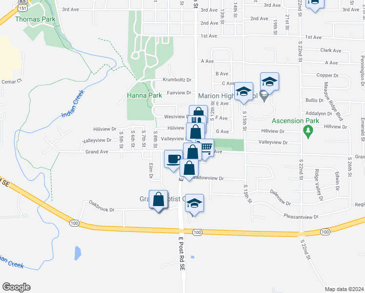 map of restaurants, bars, coffee shops, grocery stores, and more near 990 Grand Avenue in Marion