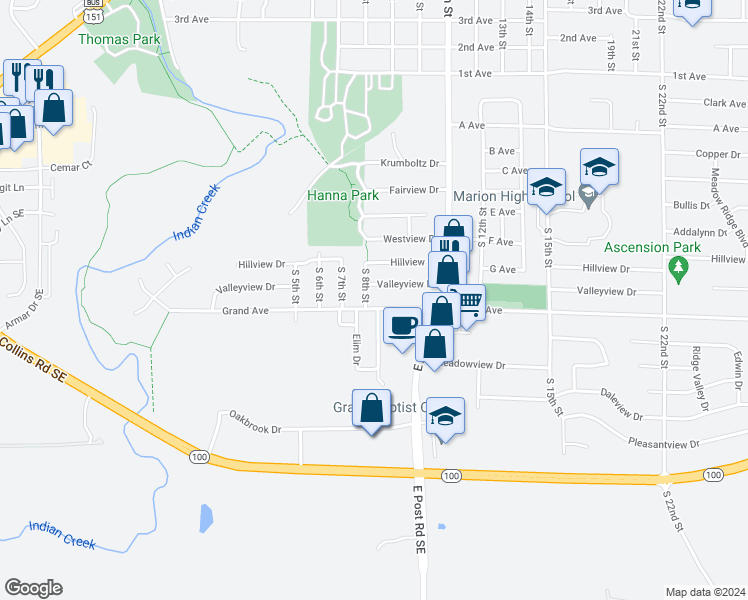 map of restaurants, bars, coffee shops, grocery stores, and more near 960 South 8th Street in Marion