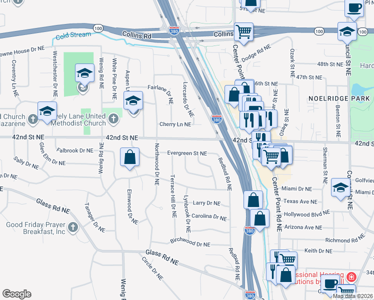 map of restaurants, bars, coffee shops, grocery stores, and more near 2158 Evergreen Street Northeast in Cedar Rapids