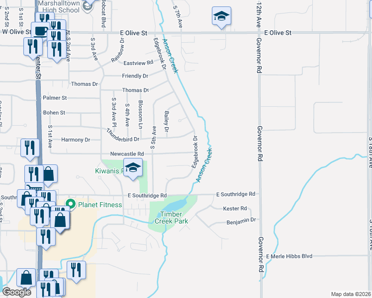 map of restaurants, bars, coffee shops, grocery stores, and more near 630-898 New Castle Rd in Marshalltown