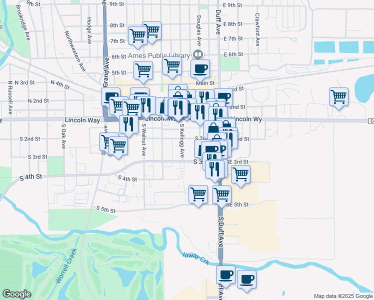 map of restaurants, bars, coffee shops, grocery stores, and more near 216 South Kellogg Avenue in Ames