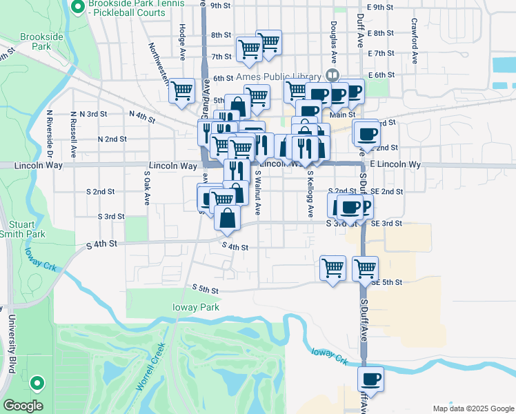 map of restaurants, bars, coffee shops, grocery stores, and more near 218 South Walnut Avenue in Ames