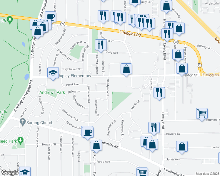 map of restaurants, bars, coffee shops, grocery stores, and more near 121 Shadywood Lane in Elk Grove Village