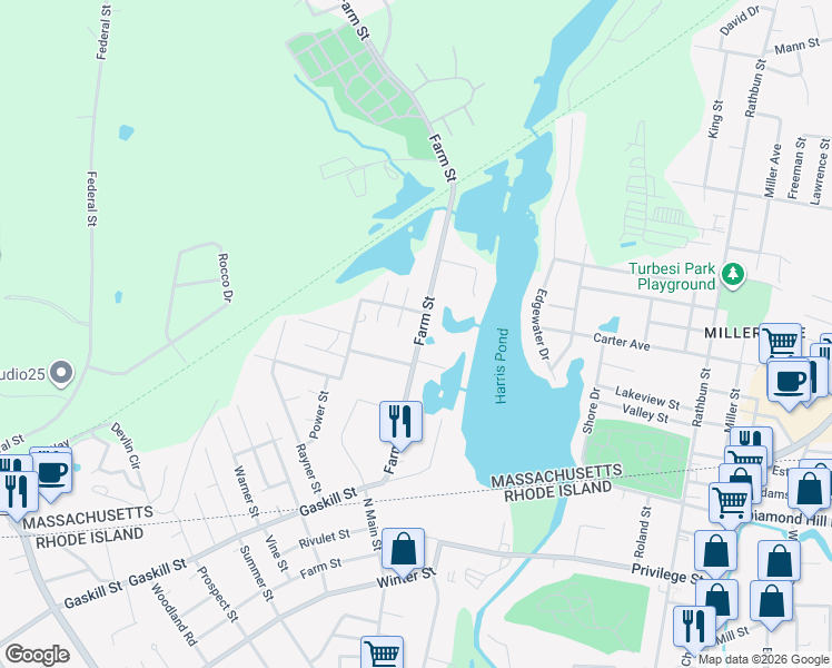 map of restaurants, bars, coffee shops, grocery stores, and more near 30 Farm Street in Blackstone